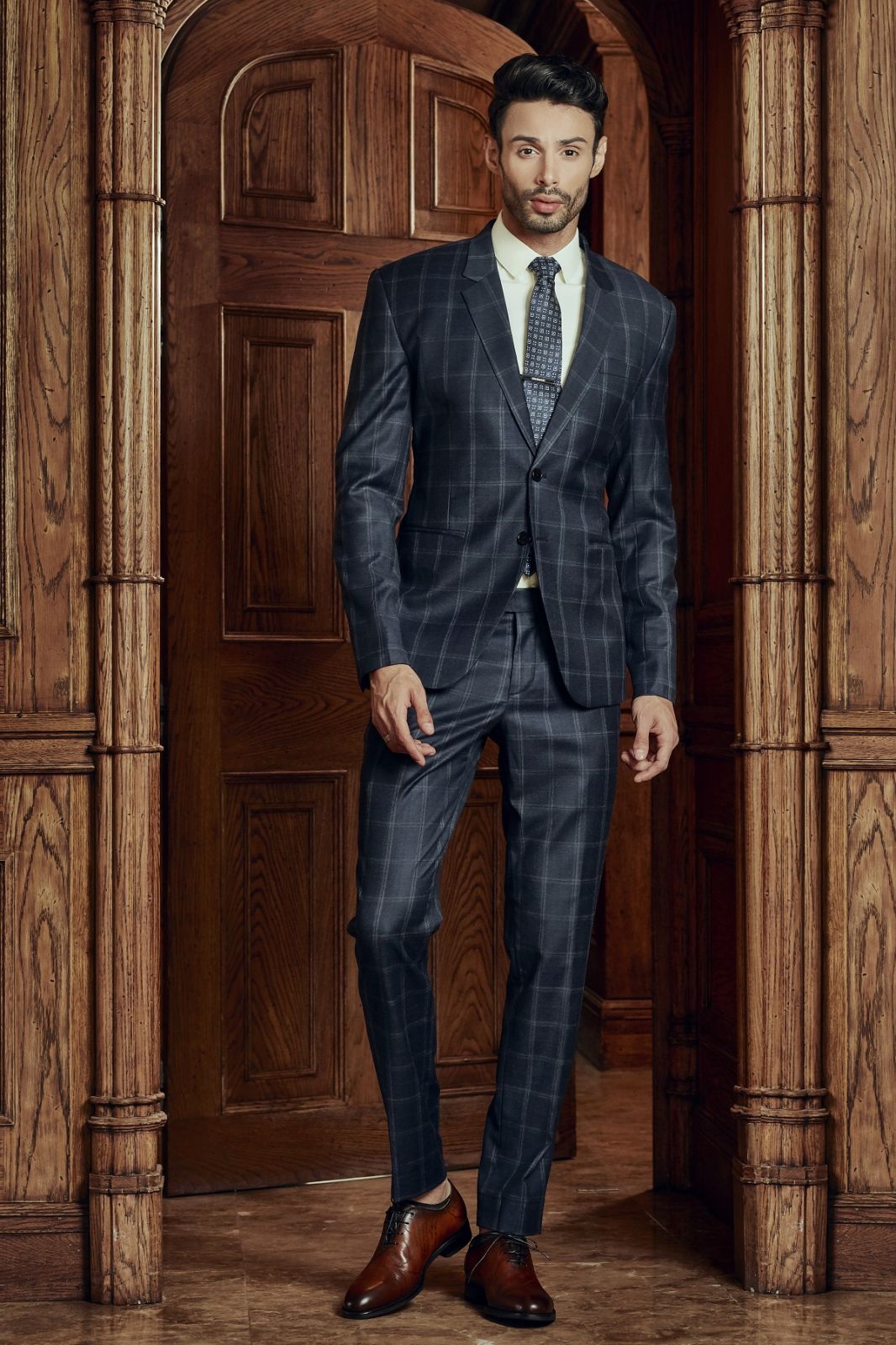 White Plaid On Dark Grey Suit 